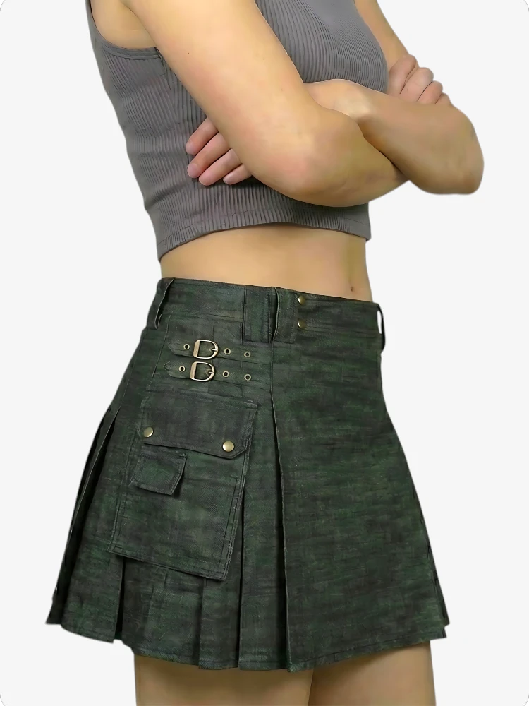 Kilt in Denim Verde Oliva Scuro da Donna con Tasca Cargo