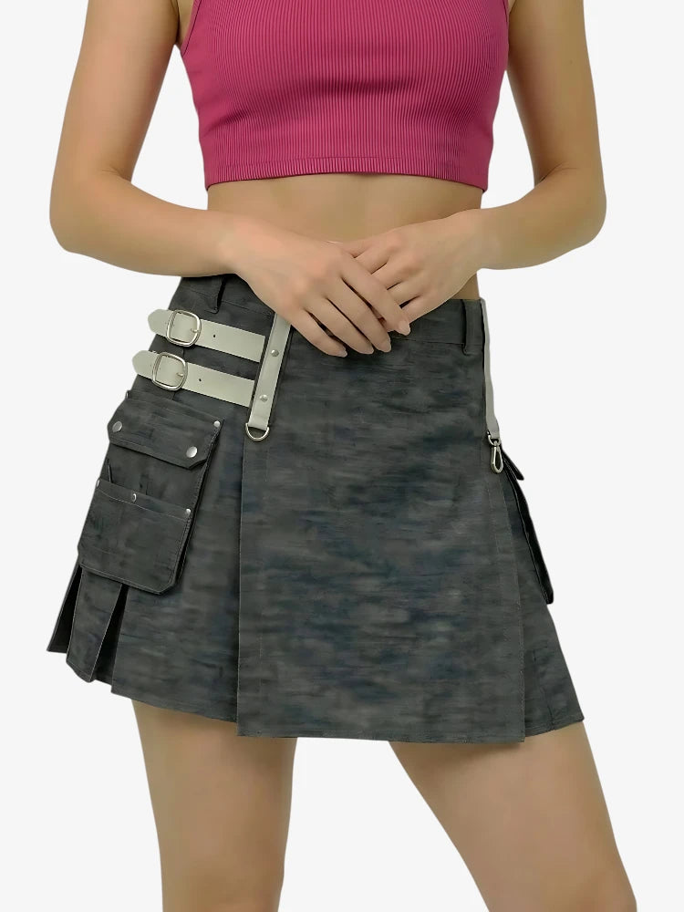 Kilt Utility in Denim da Donna con Cinghie Regolabili