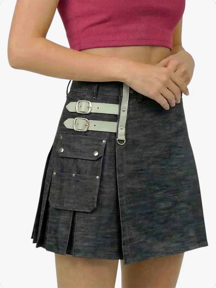 Kilt Utility in Denim da Donna con Cinghie Regolabili