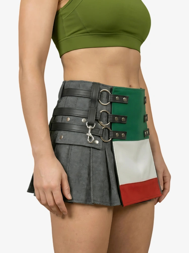 Kilt in Denim Nero Bandiera Italiana da Donna con Cinghie in Pelle