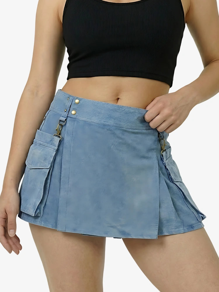 Kilt utility in denim azzurro chiaro da donna