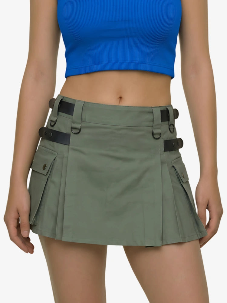 Kilt utility in cotone verde oliva da donna