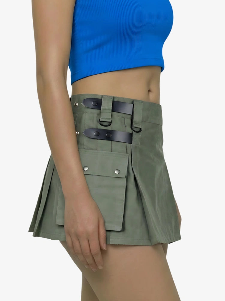 Kilt utility in cotone verde oliva da donna