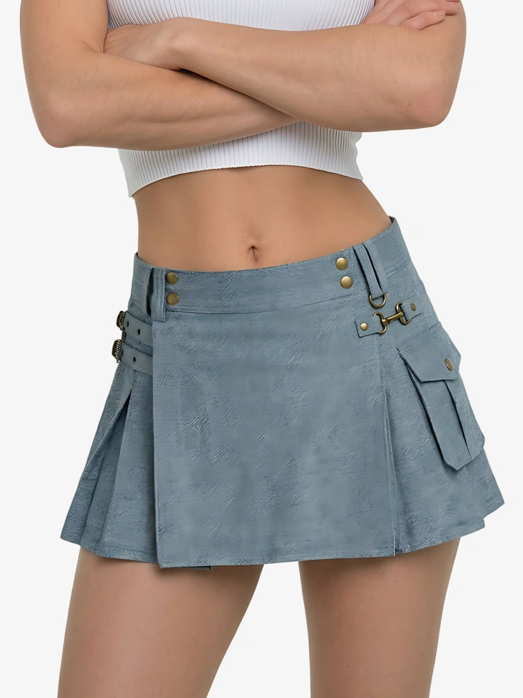 Kilt utility in denim azzurro cielo da donna