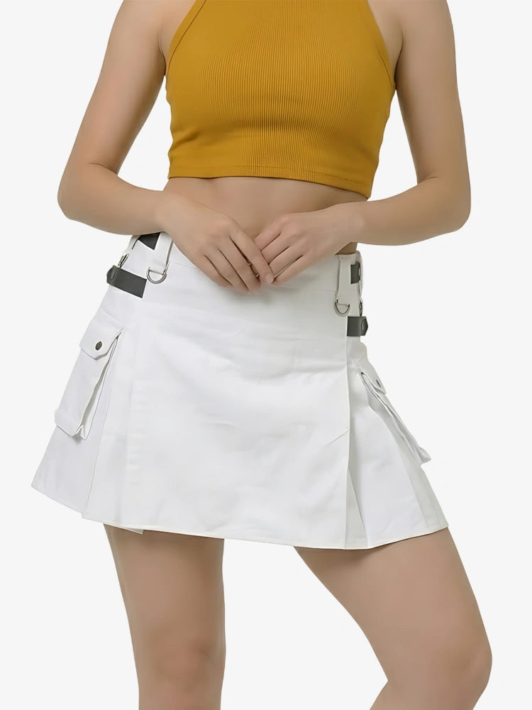 Kilt Utility Bianco da Donna con Cinghie in Pelle
