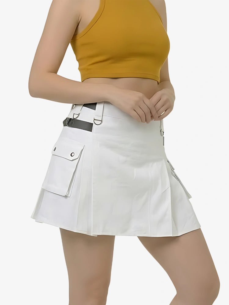 Kilt Utility Bianco da Donna con Cinghie in Pelle